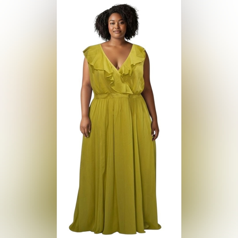Taylor Olive Green Ruffle V-Neck Maxi Dress